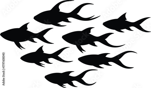 Seven black fish silhouettes swimming in a school formation white background
