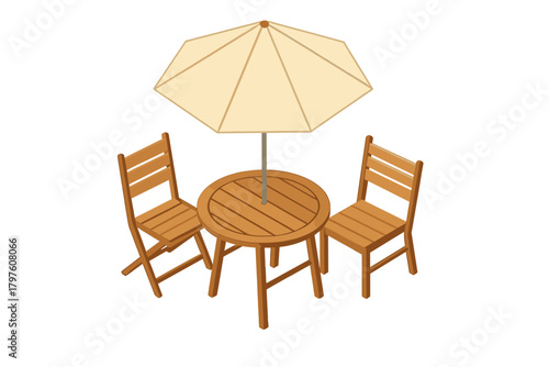 Isometric wooden outdoor dining set with round table, two folding chairs, and large sun umbrella