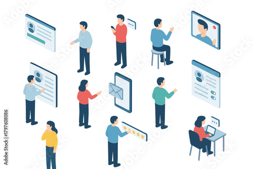 Isometric characters communicating online, engaging in social networking and digital business interactions