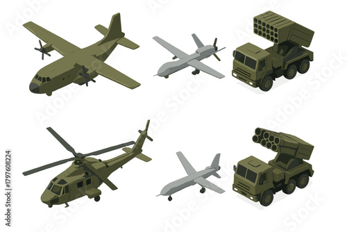 Isometric set of military vehicles including transport plane, attack helicopter, drones, and missile systems