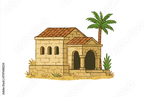 Mediterranean style stone structure with terracotta roof and tropical palm tree