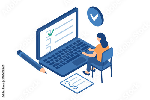 Female user successfully submitting an online form or questionnaire displayed on a computer screen