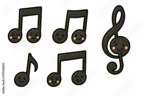 Adorable collection of musical notes and treble clef with cute smiling faces and rosy cheeks