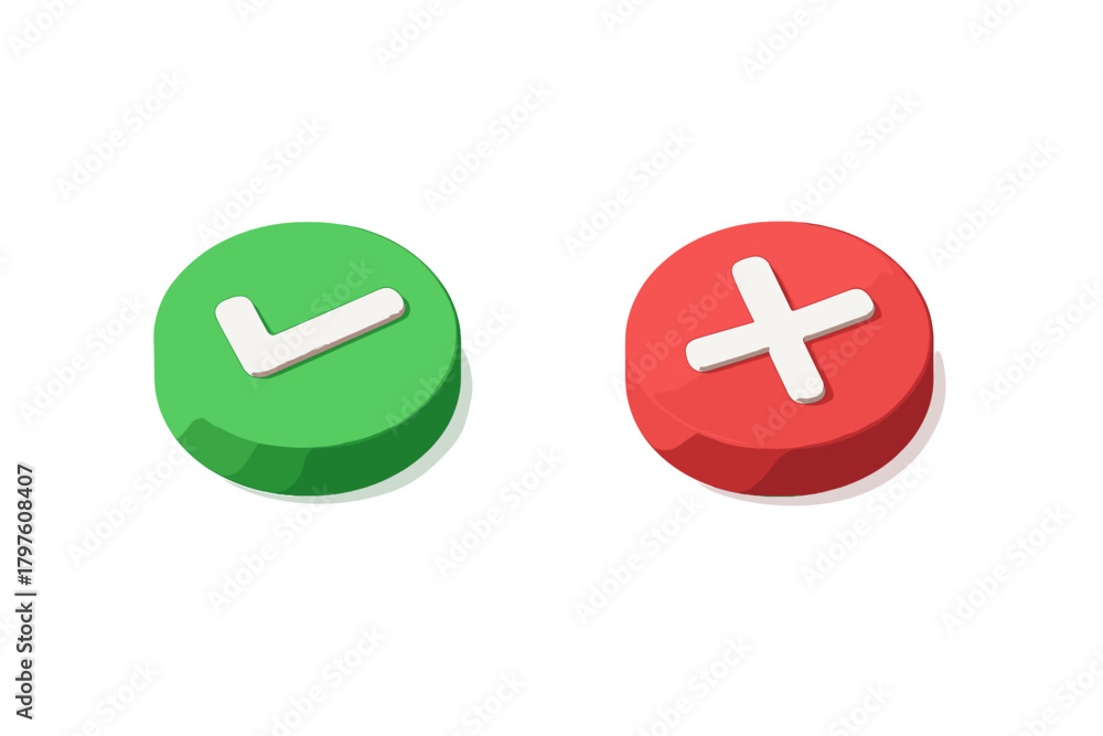 Fototapeta premium Volumetric 3D style checkmark and cross icons for correct and incorrect choices