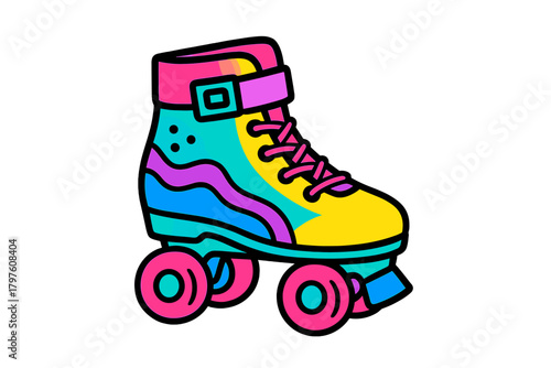 Bright neon quad roller skate shoe with pink wheels and laces in a retro style