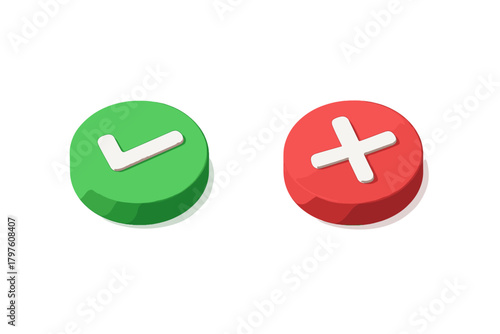 Volumetric 3D style checkmark and cross icons for correct and incorrect choices