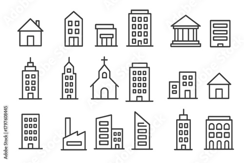 Minimalist line icons representing residential, commercial, and public buildings