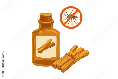 Natural mosquito repellent essential oil bottle with aromatic wooden sticks and a mosquito prohibition sign