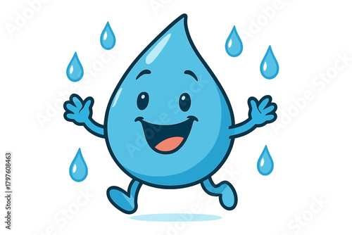 Happy cartoon water drop character running and jumping with arms raised surrounded by raindrops
