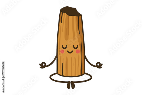 Cute cartoon wood stick character meditating in lotus pose with peaceful expression