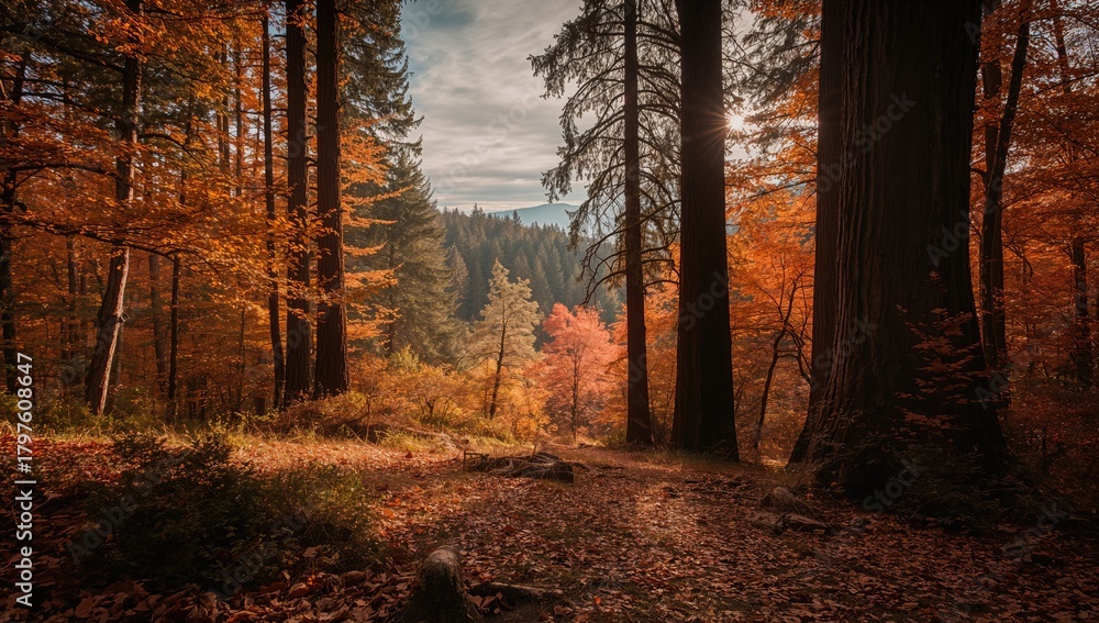 Fototapeta premium Autumn hues present in the Redwoods, seasonal change