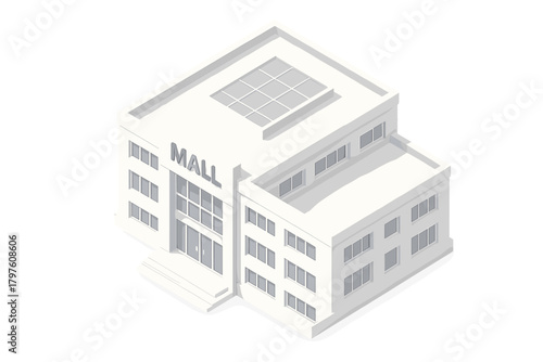 Isometric white shopping mall building exterior view representing modern retail architecture