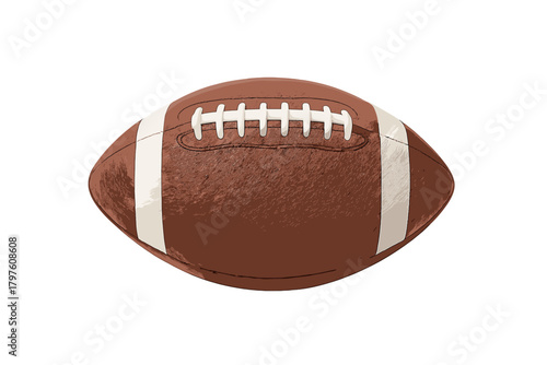 Detailed brown leather American football with white stripes and laces isolated on white background