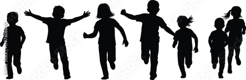 PrintJoyful children running together in playful silhouette scene, expressing energy, freedom, happiness, teamwork, outdoor fun, unity, motion and childhood excitement