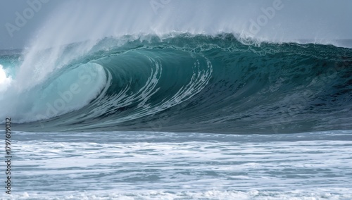 Fototapeta Naklejka Na Ścianę i Meble -  Realistic wave crashing against shore, dynamic movement of ocean water