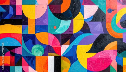 Abstract Geometric Composition With Textured Impasto In Vibrant Turquoise And Bold Colors Explores Light Play And Dynamic Forms