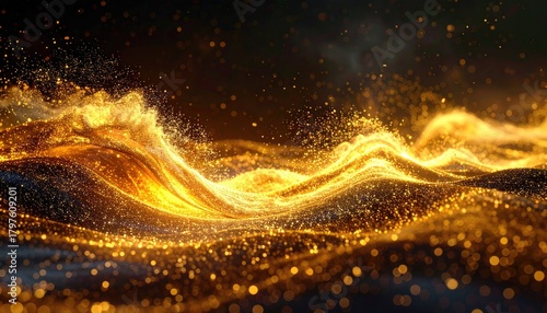 Abstract glowing golden waves of shimmering particles in dark ambient space with bokeh and subtle light flares creating a magical and luxurious atmosphere