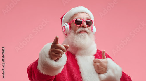 Photo of excited santa claus with headphones and stylish sunglasses, dressed in a red suit and hat, enthusiastically raising hands on a vibrant pink background, enjoying the festive season