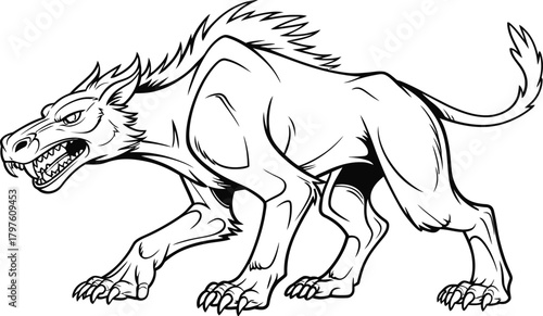 Fierce fantasy creature with sharp teeth and claws in a menacing pose