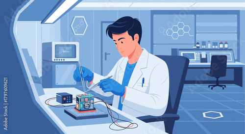 Scientist in laboratory conducting experiment on complex device with high tech equipment setting