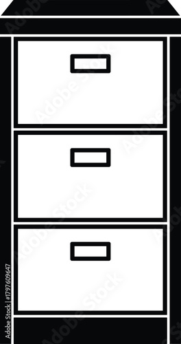 Black and white icon of a three drawer filing cabinet storage office