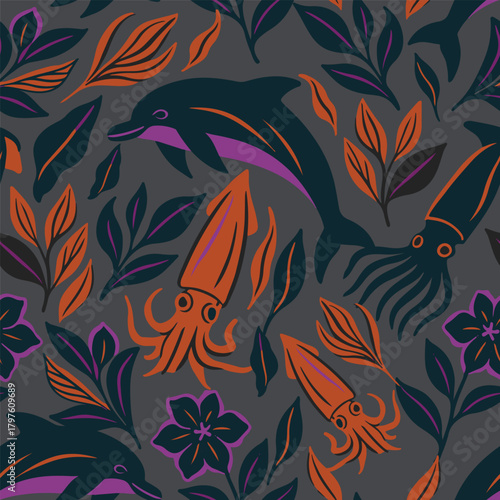 Seamless sea pattern with Deep Sea Squid and Common Dolphins. Cute childrens pattern. Vector illustration