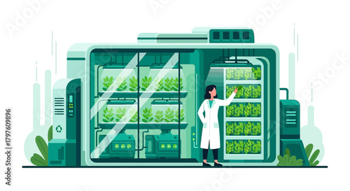Scientist inspecting vertical farm with hydroponics system showcasing modern agricultural