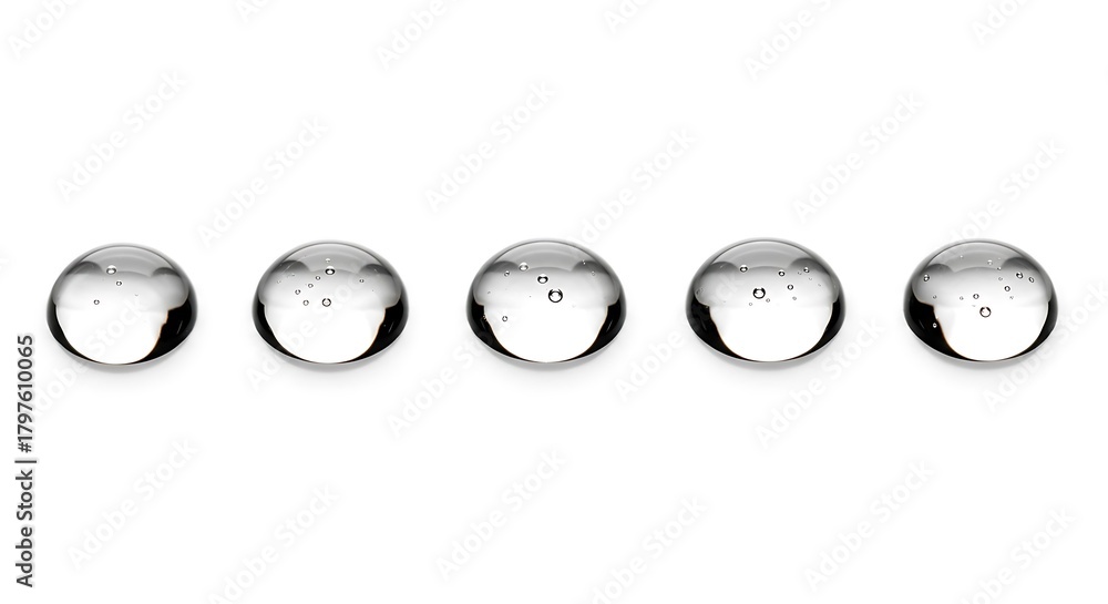 Fototapeta premium Five clear glass marbles with internal bubbles in a horizontal line spheres