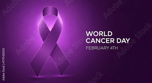 A purple ribbon symbolizes world cancer day awareness and hope for a cure