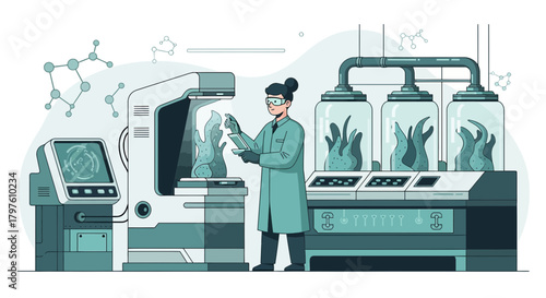 Scientist researches algae in laboratory using advanced technology for pharmaceutical purposes