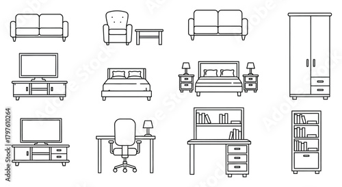 Line art illustration of various furniture items in a minimalist style