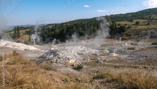 The Biancane geothermal site in a tranquil landscape, showcasing geothermal activity and natural steam release