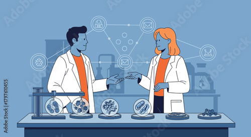 Scientists collaborating on microbiological research with petri dishes and communication networks