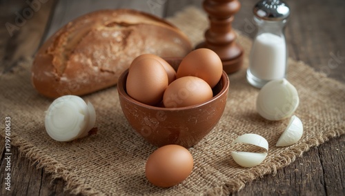 Raw eggs in a clay bowl, on...