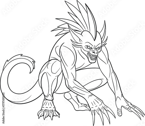 Fierce monster creature with spikes and sharp claws in a crouching pose