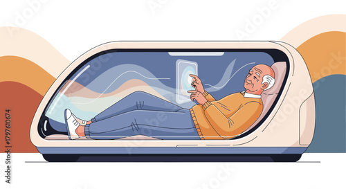 Senior man using futuristic pod technology for health monitoring and relaxation innovative future