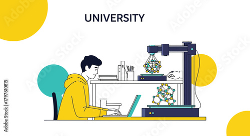 Student engaging with 3D printing technology and innovative design, studying in university