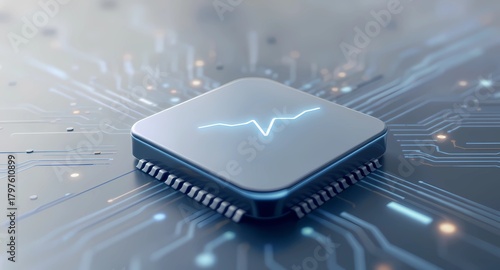 Close-up abstract shot of a stylized sensor or chip on a circuit board, featuring a glowing pulse line