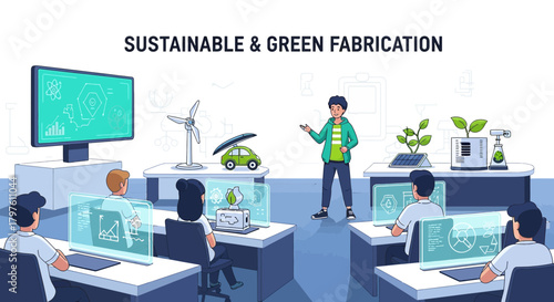 Sustainable and green fabrication classroom showcasing eco-friendly solutions in education