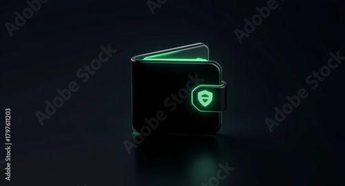 Minimalist 3D icon of a sleek, black digital wallet with a subtle green glow and a security shield emblem