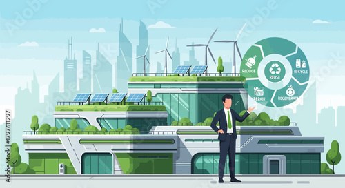 Sustainable urban development showcases green building and renewable energy initiatives for a