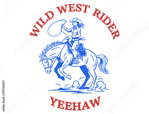 Vector t-shirt graphic showcases a cowgirl riding a horse. The bold text reads "Cowgirls," good vibes capturing a western, adventurous vibe.
