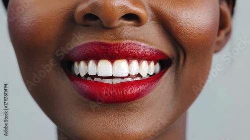 Close-up of smiling woman with glossy red lipstick, showing perfect white teeth