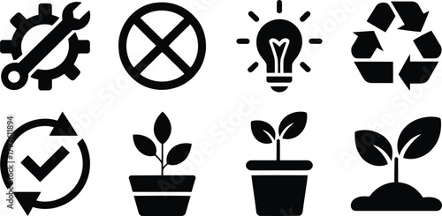 A set of eight minimalist environmental icons. Ecology, technology, Settings, Recycle, and growth Symbols.