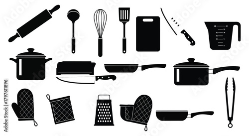 Black and white kitchen utensils and cooking tools vector illustration