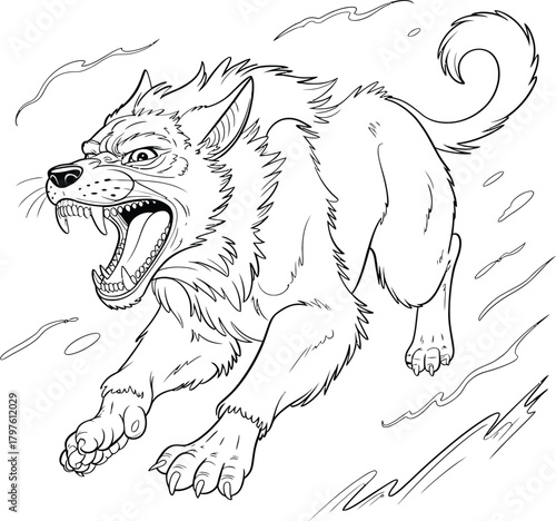 Fierce mythological wolf with open jaws and curled tail in dynamic pose