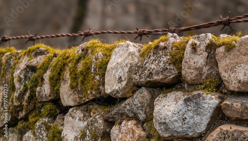 Moss-covered fence entwined...
