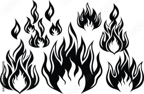 Collection of stylized black fire flame icons and symbols isolated