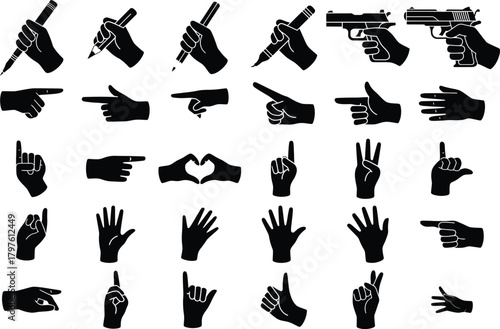 Black vector illustration of collection of hand gestures silhouettes.