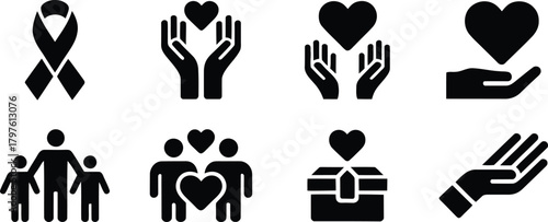 Charity Silhouette icons set. Charity, donation, and care symbols collection.